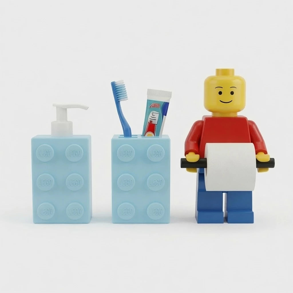 Kit Organizador Banheiro Infantil Tijolinho | 3 Peças | Porta Escova + Porta Sabão + Porta Papel Higiênico