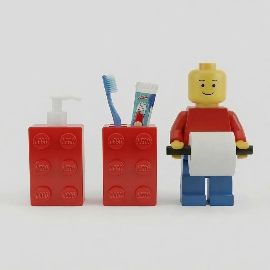 Kit Organizador Banheiro Infantil Tijolinho | 3 Peças | Porta Escova + Porta Sabão + Porta Papel Higiênico