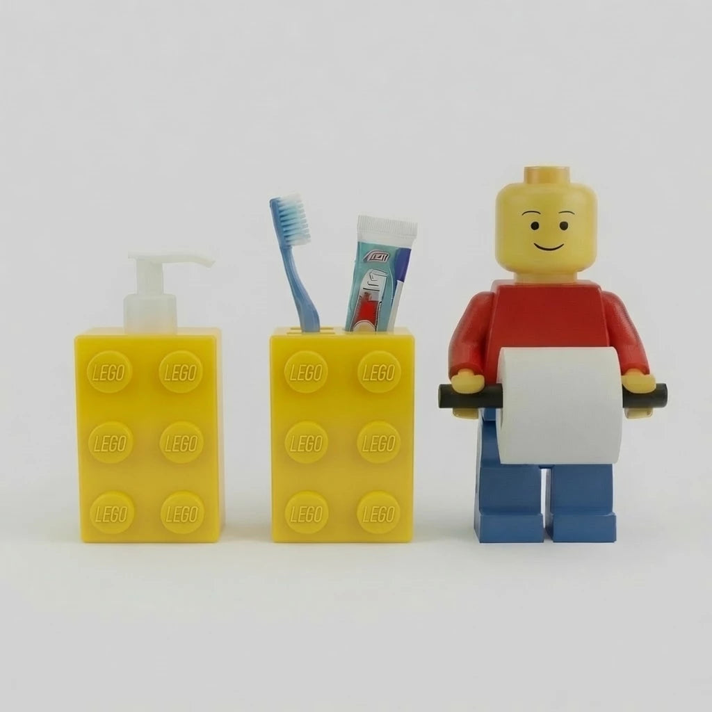 Kit Organizador Banheiro Infantil Tijolinho | 3 Peças | Porta Escova + Porta Sabão + Porta Papel Higiênico