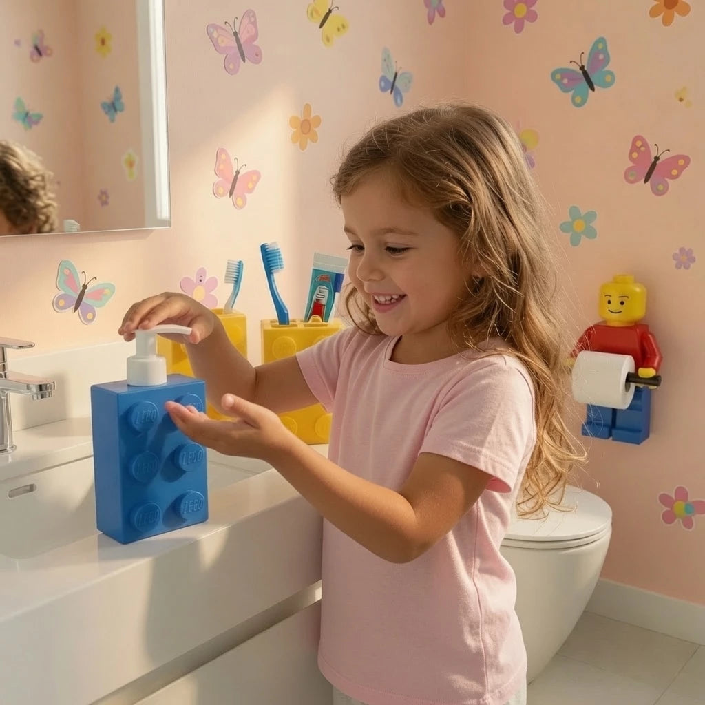 Kit Organizador Banheiro Infantil Tijolinho | 3 Peças | Porta Escova + Porta Sabão + Porta Papel Higiênico