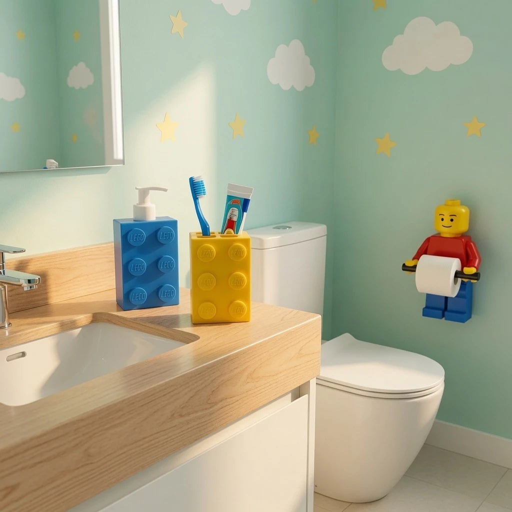 Kit Organizador Banheiro Infantil Tijolinho | 3 Peças | Porta Escova + Porta Sabão + Porta Papel Higiênico
