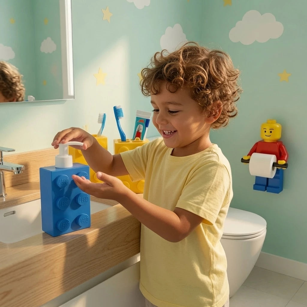 Kit Organizador Banheiro Infantil Tijolinho | 3 Peças | Porta Escova + Porta Sabão + Porta Papel Higiênico
