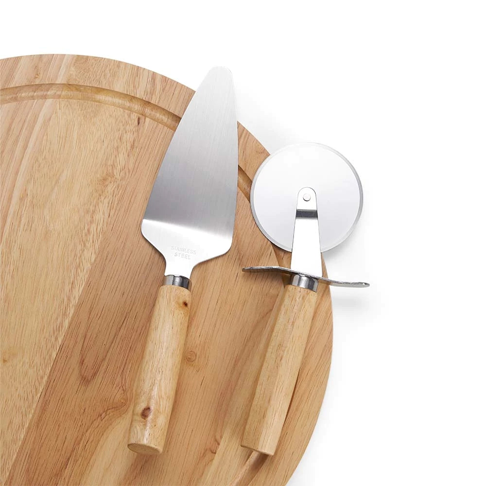 Kit Pizza Gourmet Bamboo | Tábua com Canaleta e Utensílios Inox Premium