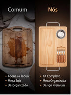 Kit Tábua de Churrasco em Madeira Pinus | Molheira e 6 Garfinhos Inox