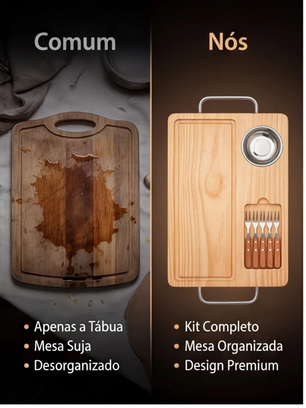 Kit Tábua de Churrasco em Madeira Pinus | Molheira e 6 Garfinhos Inox