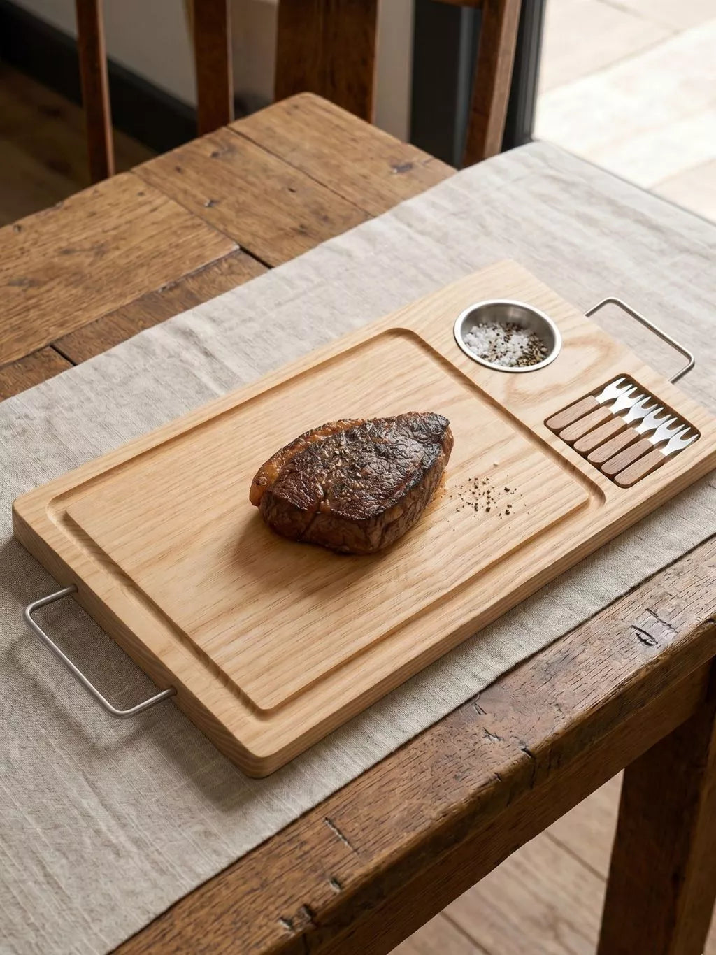 Kit Tábua de Churrasco em Madeira Pinus | Molheira e 6 Garfinhos Inox