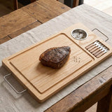 Kit Tábua de Churrasco em Madeira Pinus | Molheira e 6 Garfinhos Inox