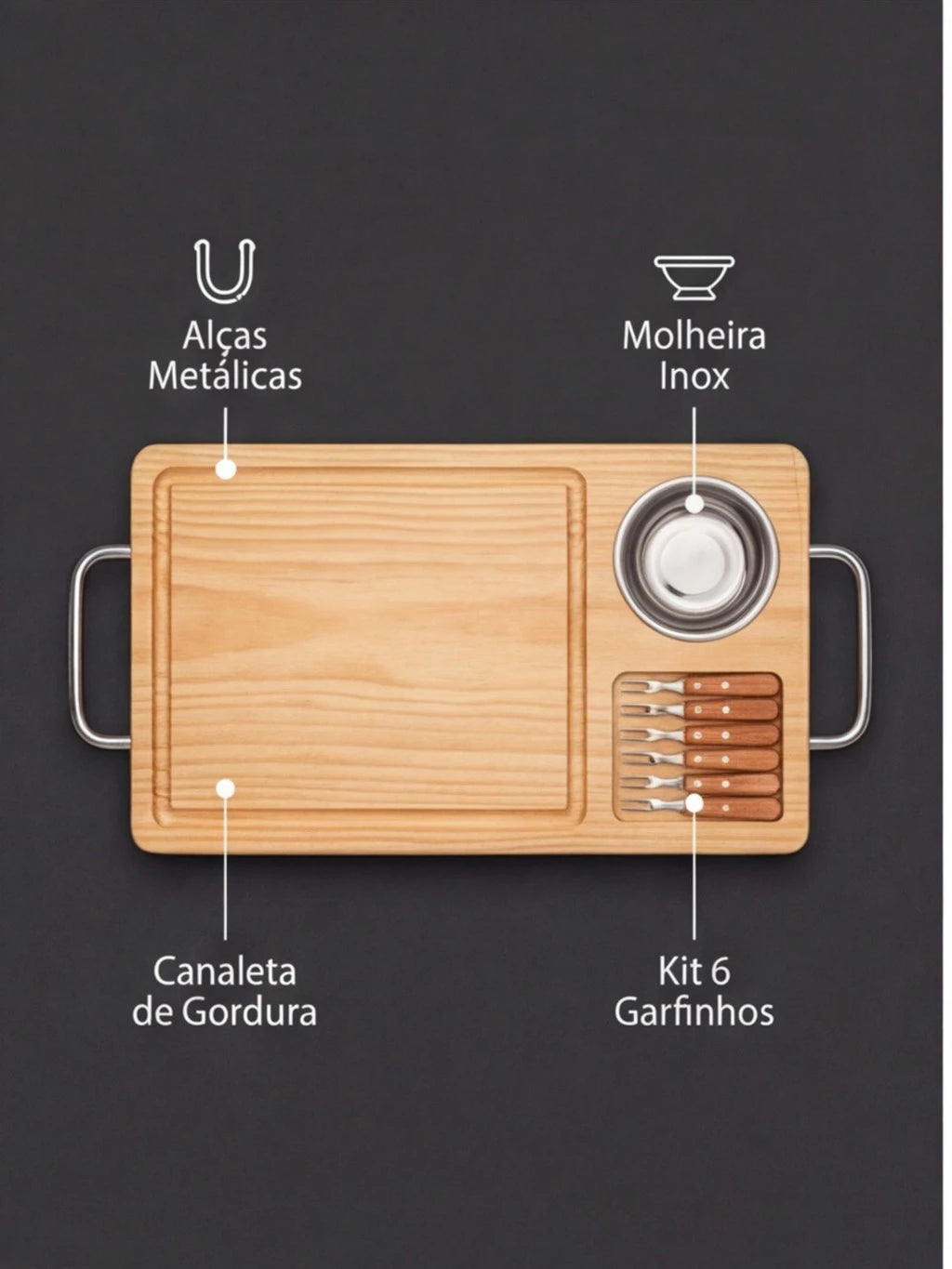 Kit Tábua de Churrasco em Madeira Pinus | Molheira e 6 Garfinhos Inox