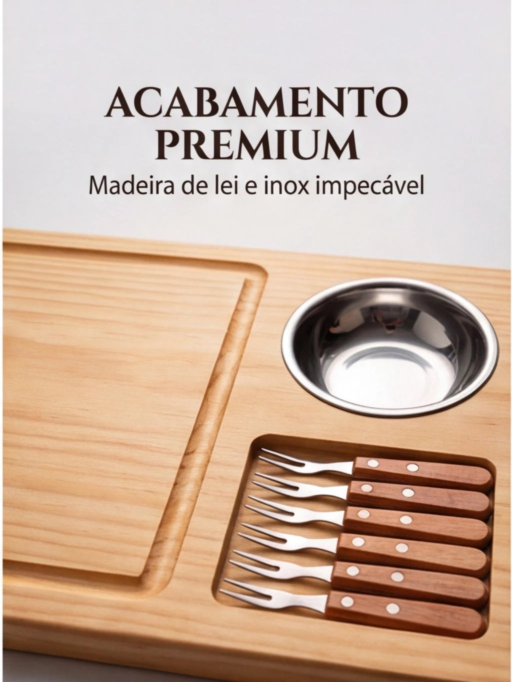 Kit Tábua de Churrasco em Madeira Pinus | Molheira e 6 Garfinhos Inox
