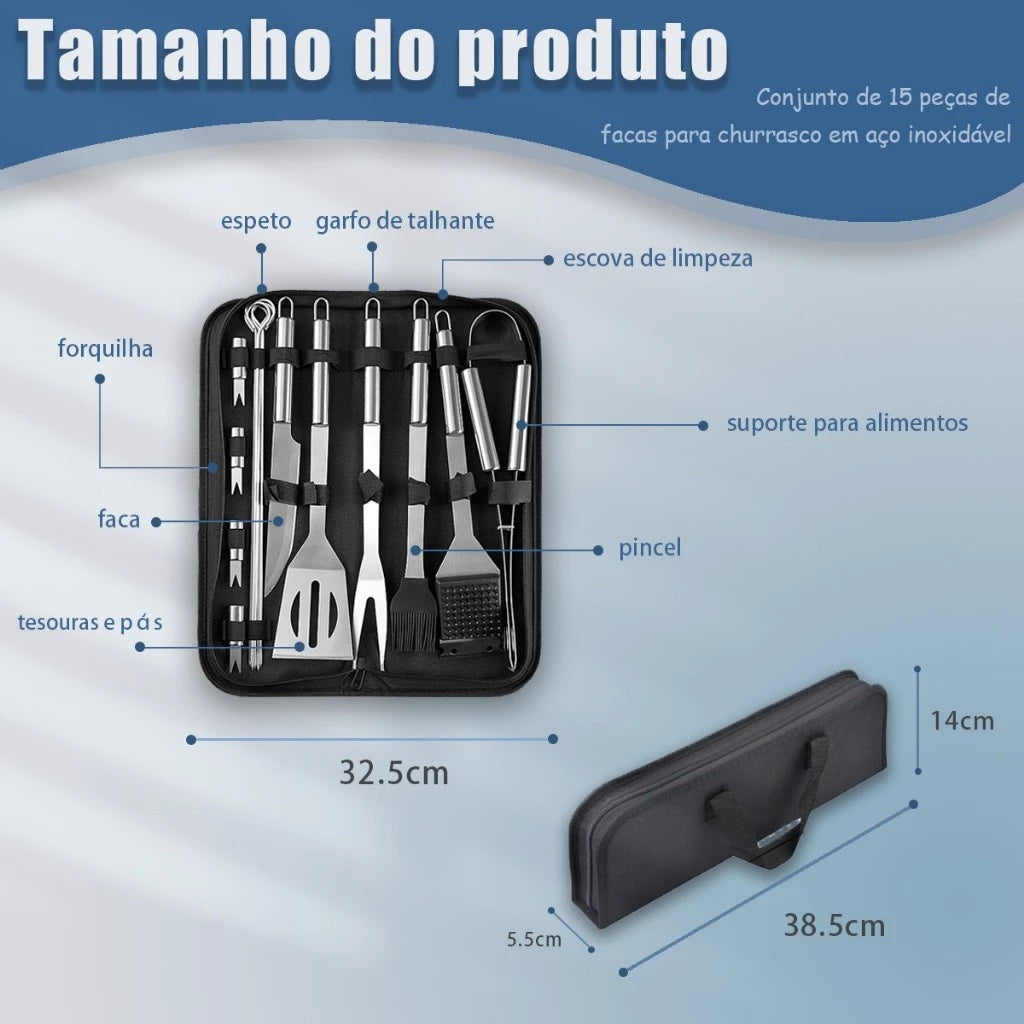 Maleta Premium Churrasco 15 Peças | Ferramentas Resistentes Que Facilitam Cada Churrasco em Família