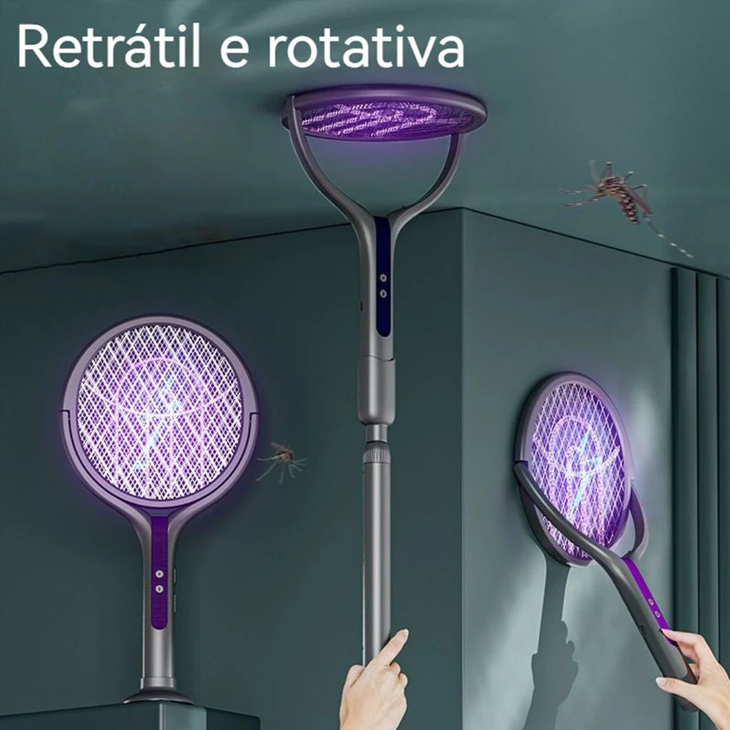 Mata Mosquito ZapLight Retrátil 2 em 1 | Raquete Elétrica Recarregável com Luz UV e Haste Extensível para Toda a Casa