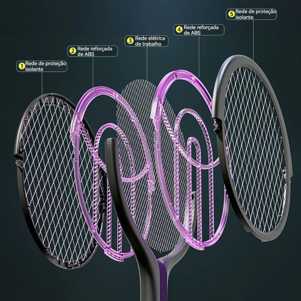 Mata Mosquito ZapLight Retrátil 2 em 1 | Raquete Elétrica Recarregável com Luz UV e Haste Extensível para Toda a Casa