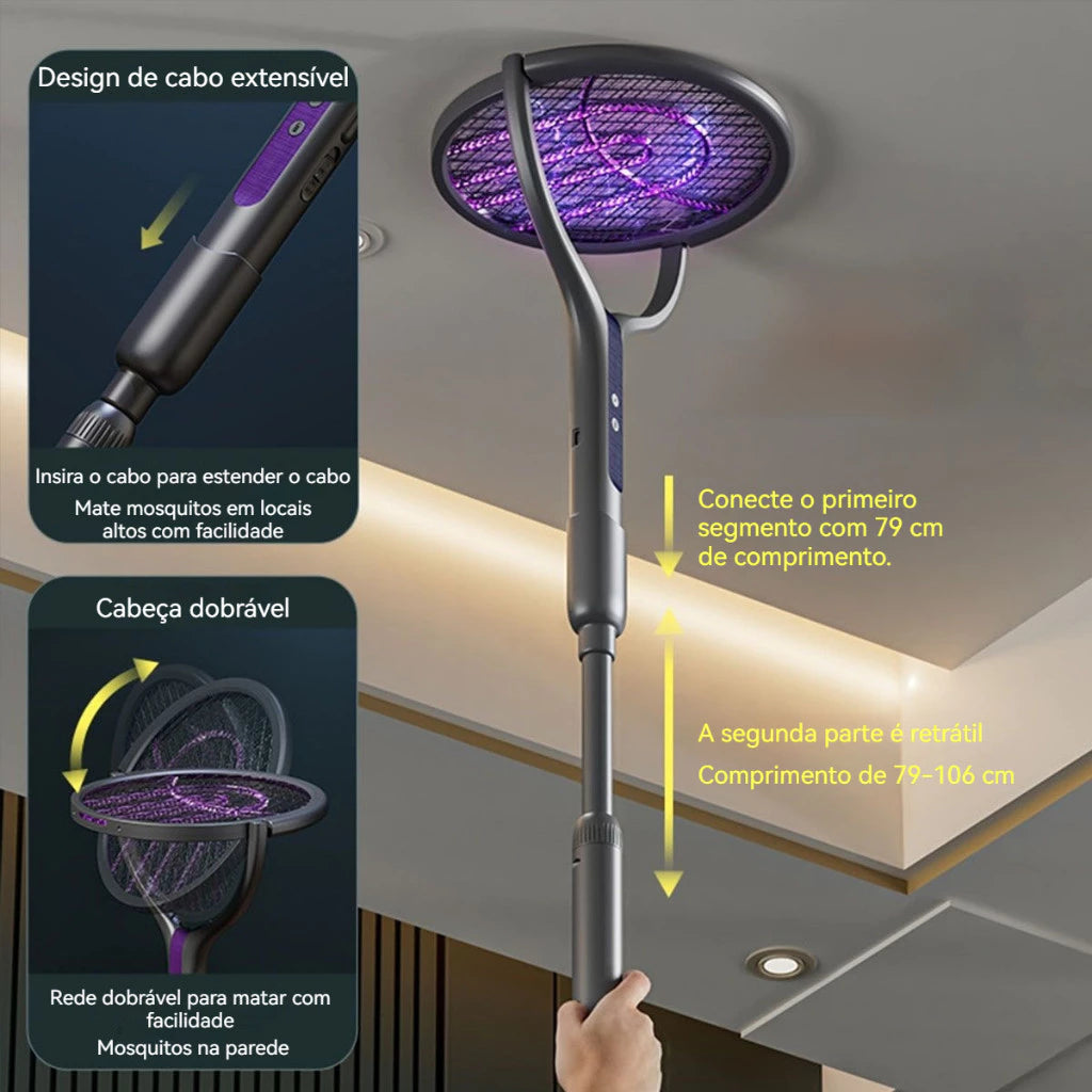 Mata Mosquito ZapLight Retrátil 2 em 1 | Raquete Elétrica Recarregável com Luz UV e Haste Extensível para Toda a Casa