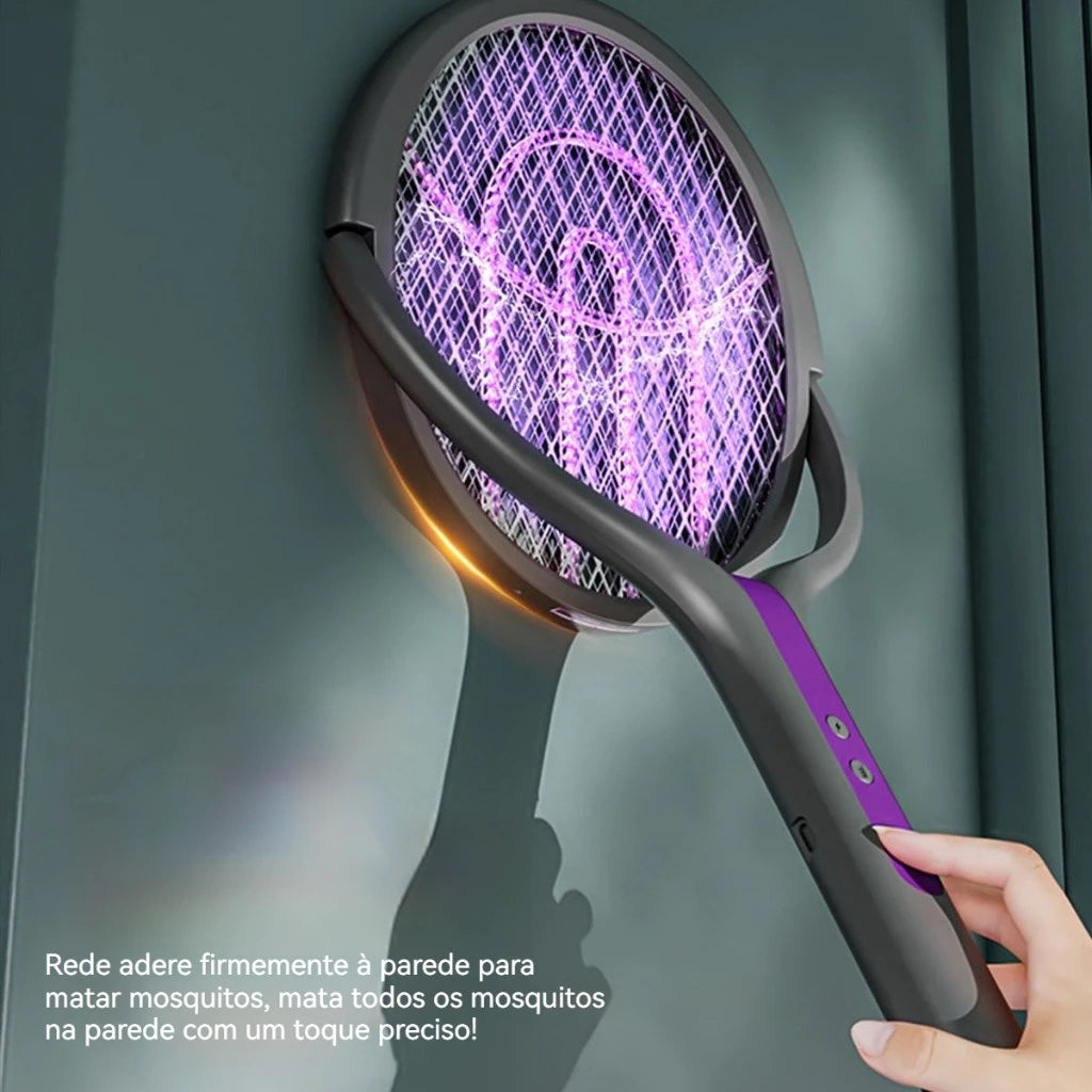 Mata Mosquito ZapLight Retrátil 2 em 1 | Raquete Elétrica Recarregável com Luz UV e Haste Extensível para Toda a Casa