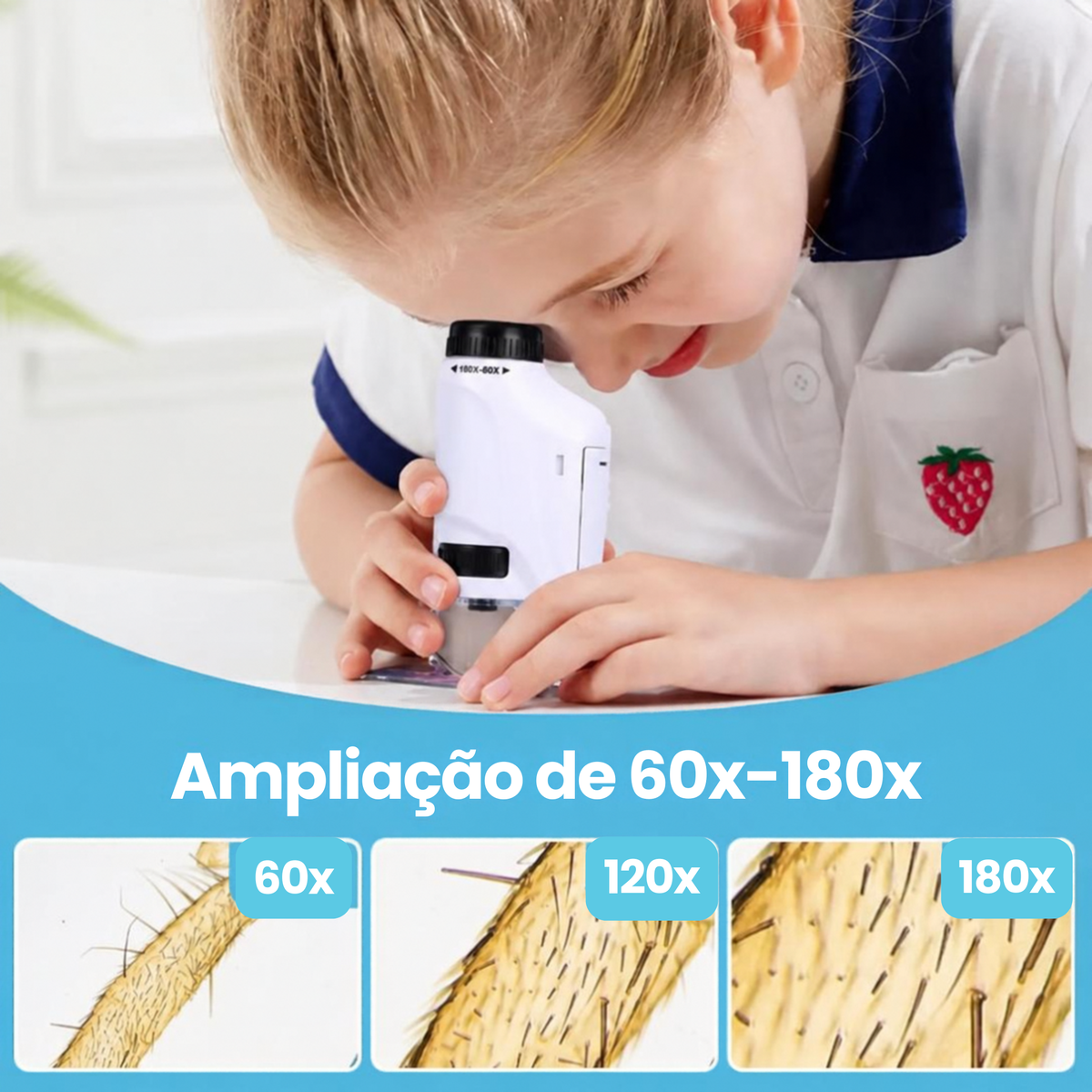 Microscópio Infantil de Mão | Zoom 60x a 180x | Iluminação LED | Ciência e Descoberta para Crianças