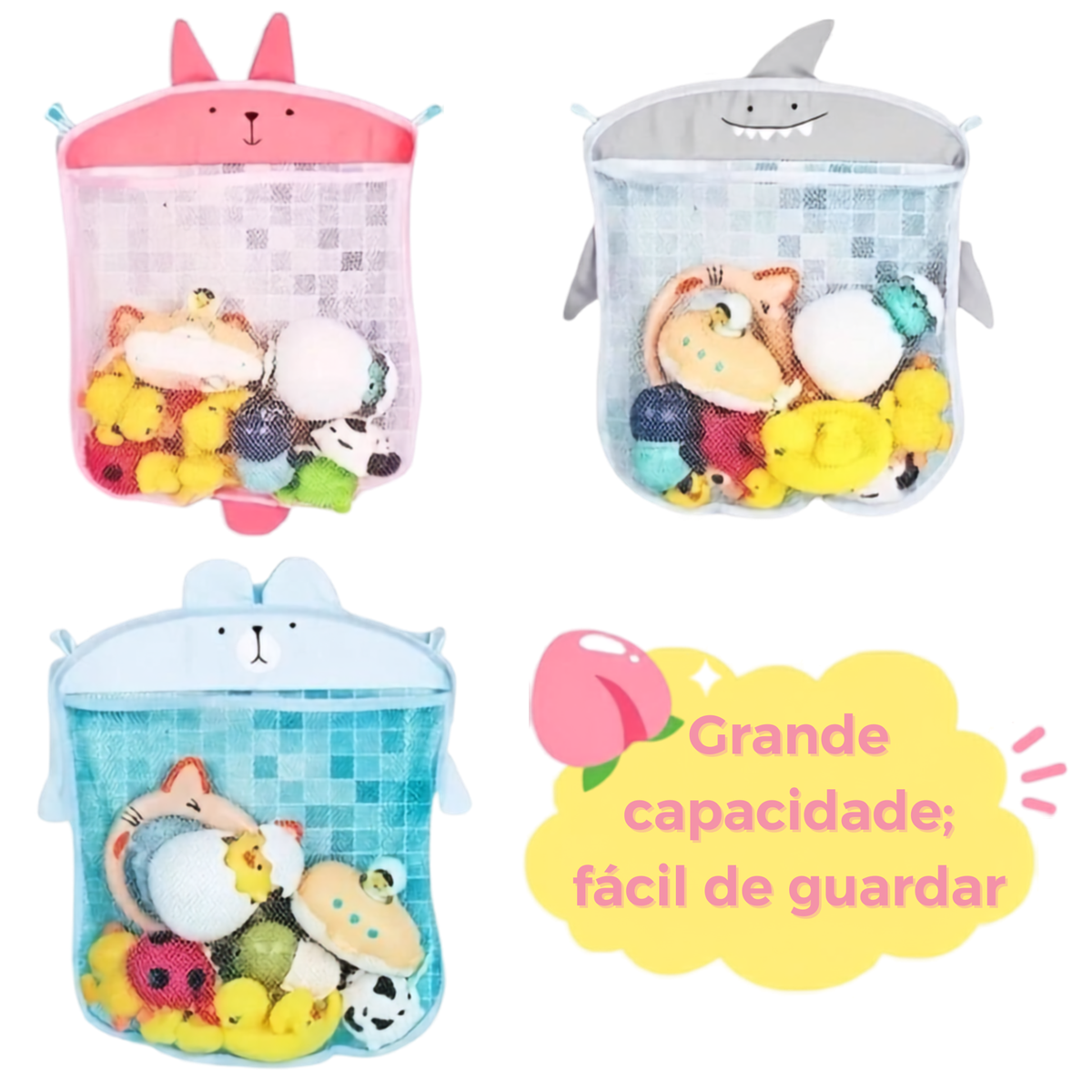 Organizador de Banho Infantil | Sacola Poliéster com Ventosas | 35x40cm | Anti-Mofo e Fácil Limpeza