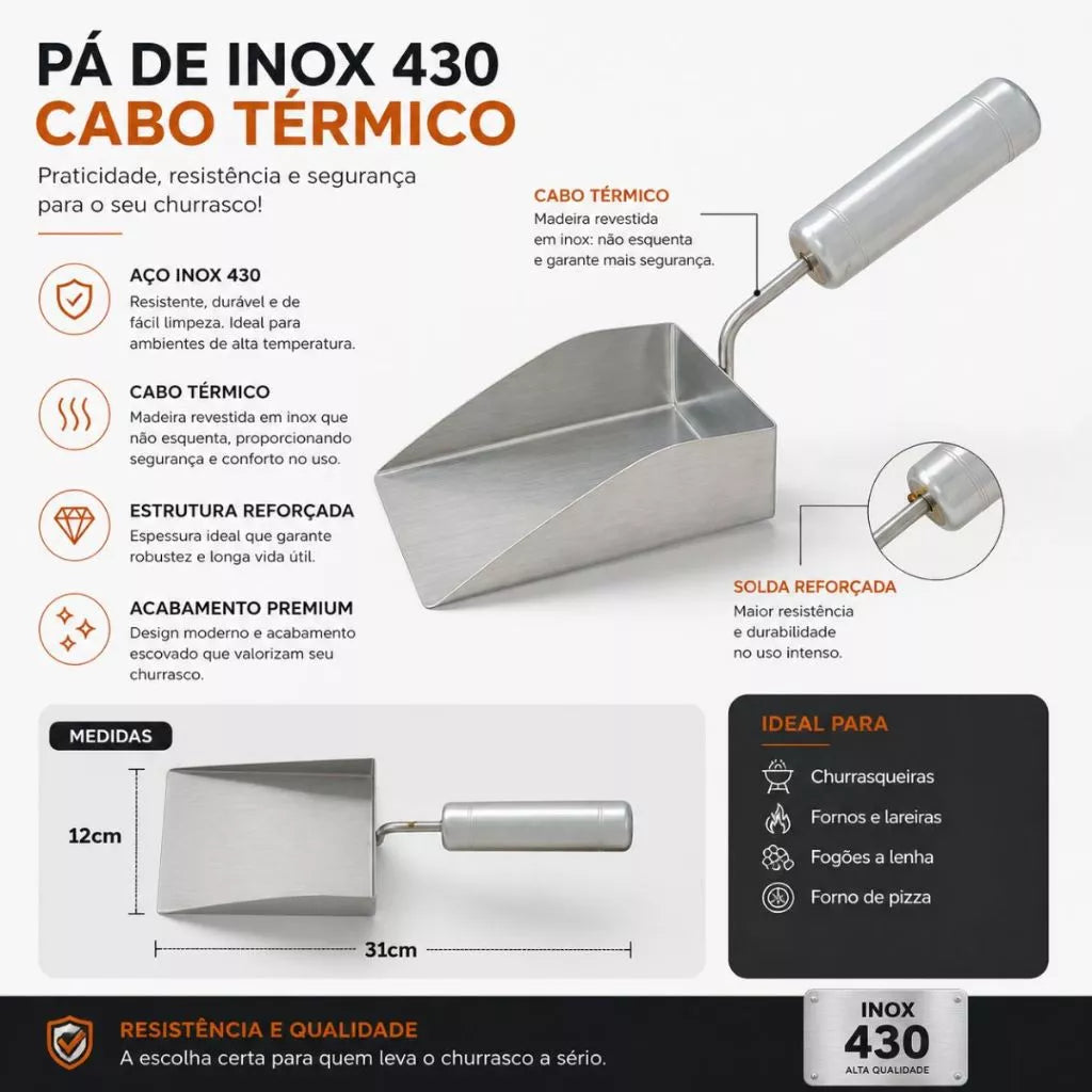 Pá de Cinzas Inox CleanUp | Multiuso para Churrasqueira e Braseiro com Cabo Térmico