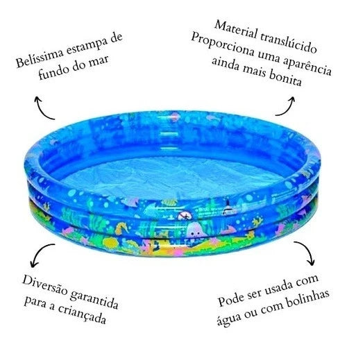 Piscina Inflável Infantil 3 Anéis Fundo do Mar | 253 Litros | 122x25cm | PVC