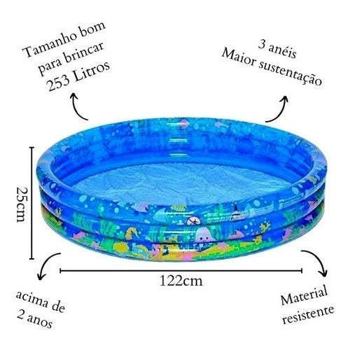 Piscina Inflável Infantil 3 Anéis Fundo do Mar | 253 Litros | 122x25cm | PVC