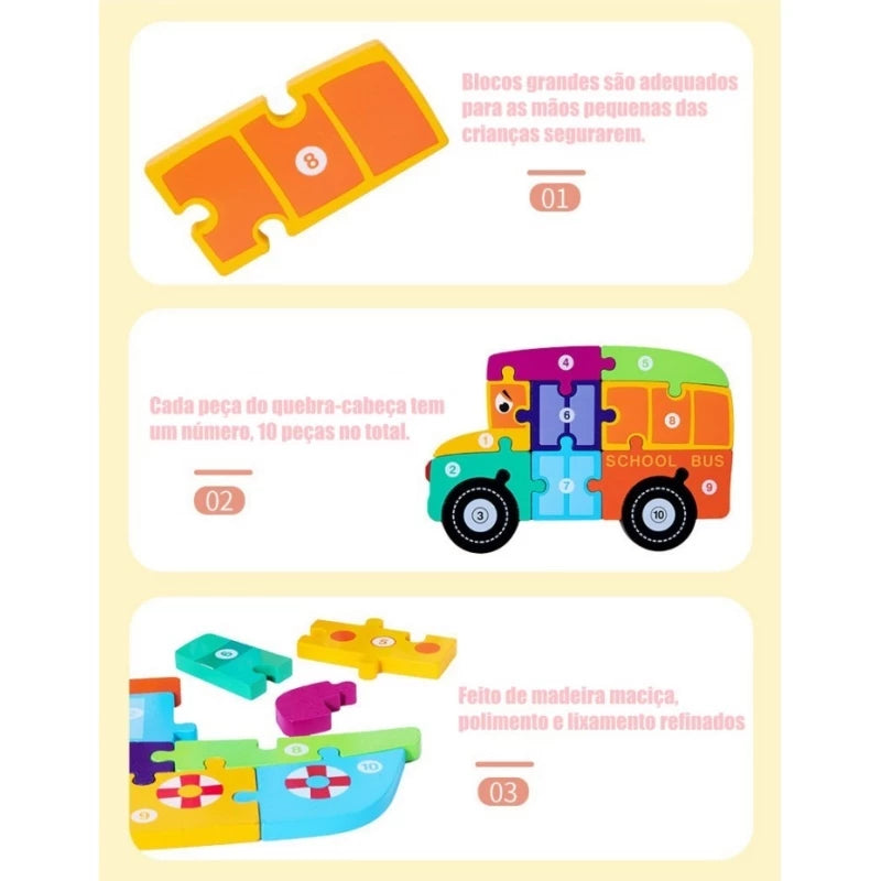 Quebra-Cabeça 3D em Madeira Ecológica | Montessori | Coordenação Motora e Cognitiva de 2 a 4 Anos
