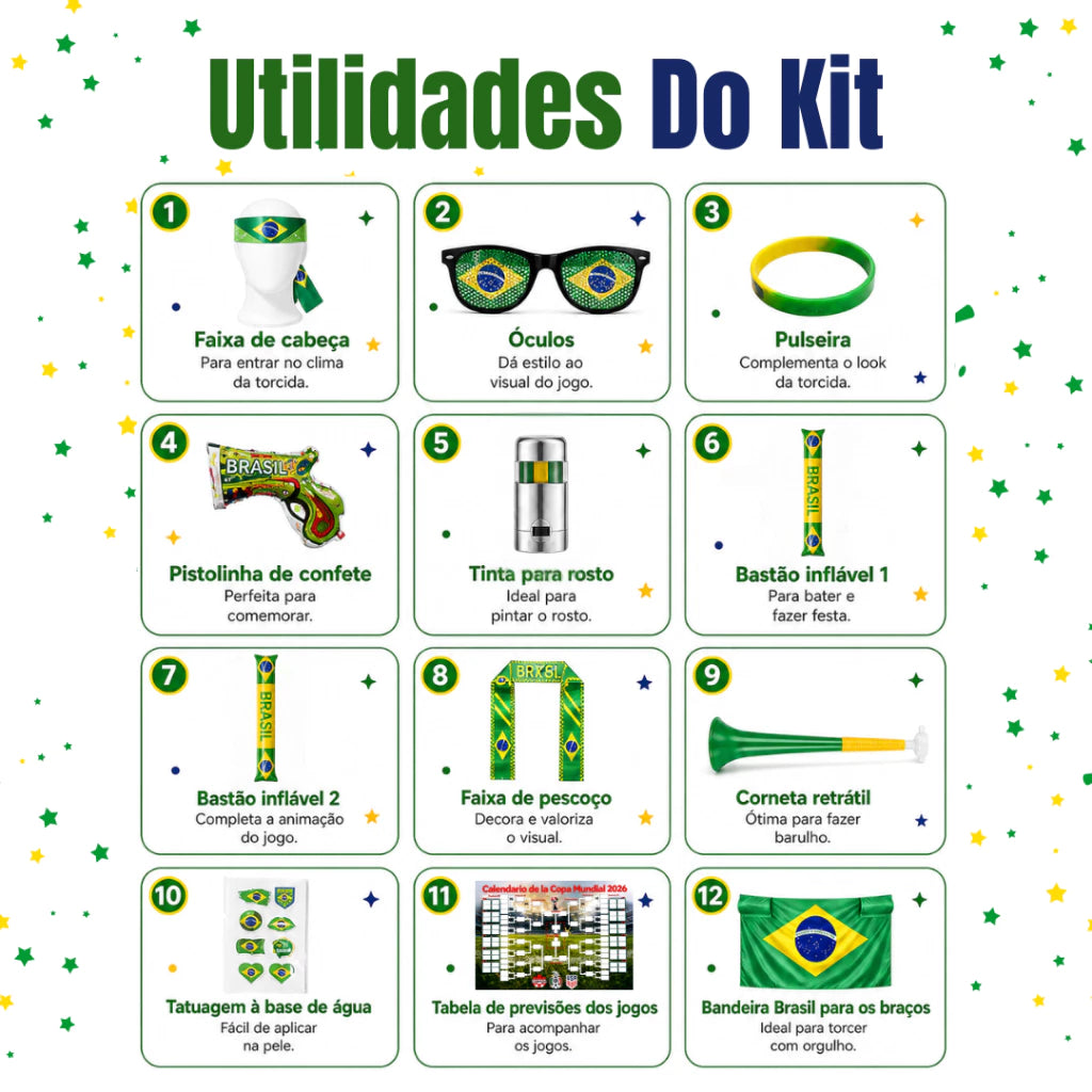 Super Kit Torcedor Seleção Brasileira | 12 Itens Festivos Copa do Mundo 2026