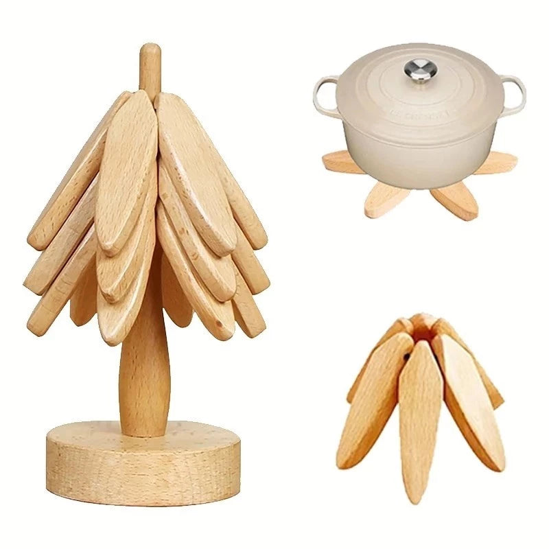 Suporte de Panela Tree Design | Kit 3 em 1 Dobrável em Madeira Natural