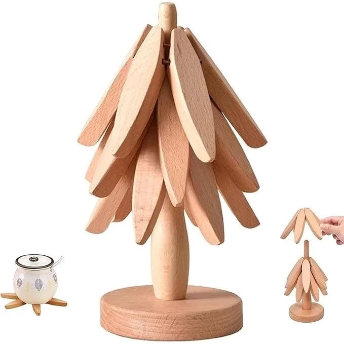 Suporte de Panela Tree Design | Kit 3 em 1 Dobrável em Madeira Natural