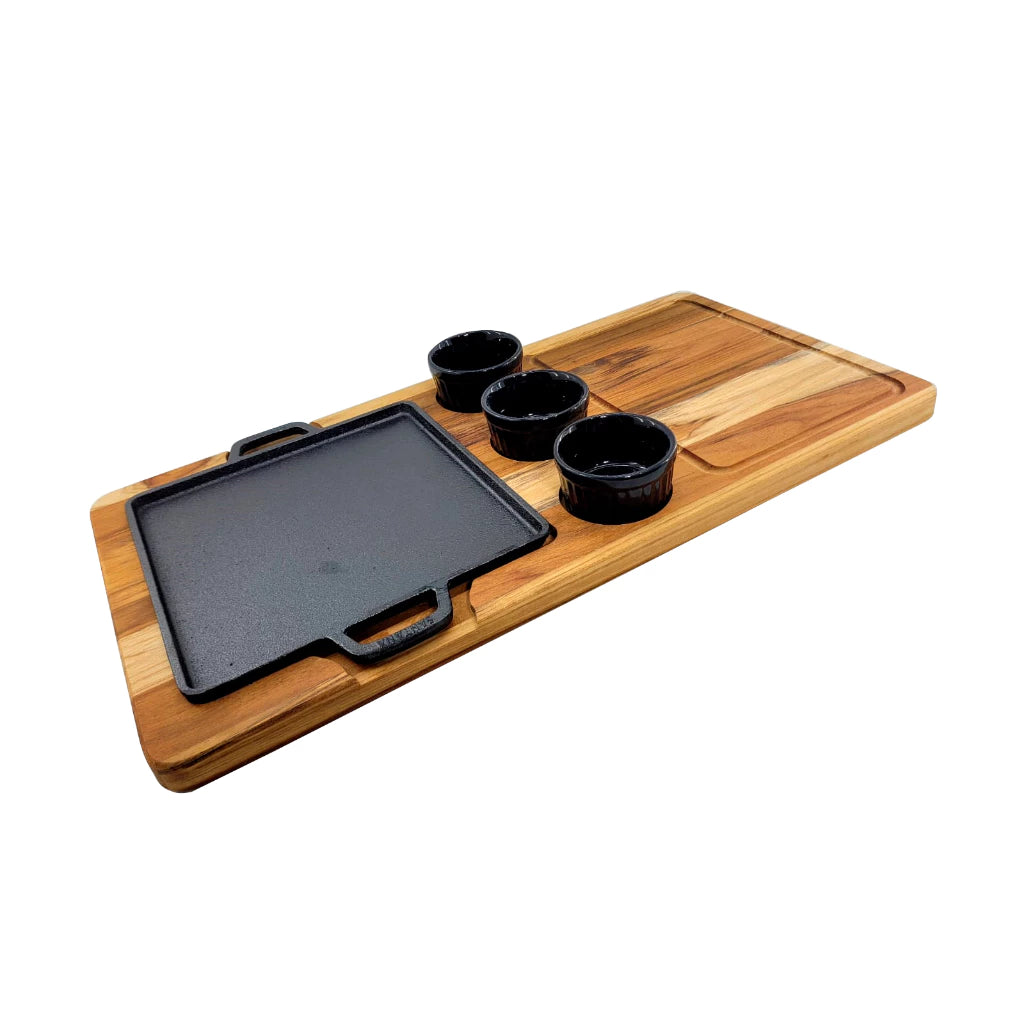 Tábua de Churrasco com Chapa Quente | Molheiras em Porcelana 55x28cm