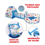 Toca Infantil 3 em 1 Dobrável | Barraca, Túnel e Cesta de Basquete | Poliéster | +2 Anos