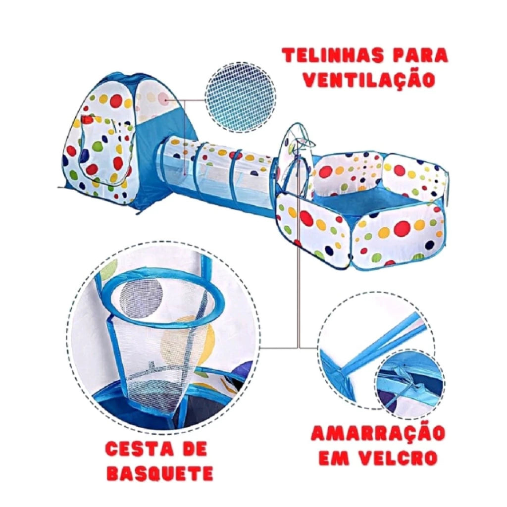 Toca Infantil 3 em 1 Dobrável | Barraca, Túnel e Cesta de Basquete | Poliéster | +2 Anos