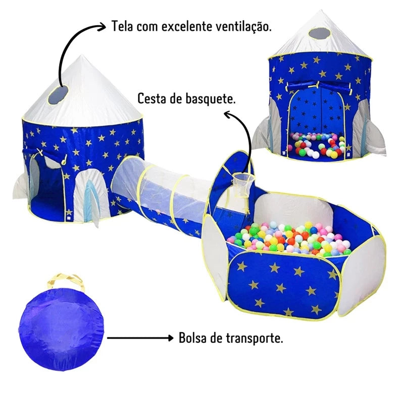 Toca Infantil 3 em 1 Dobrável | Barraca, Túnel e Cesta de Basquete | Poliéster | +2 Anos