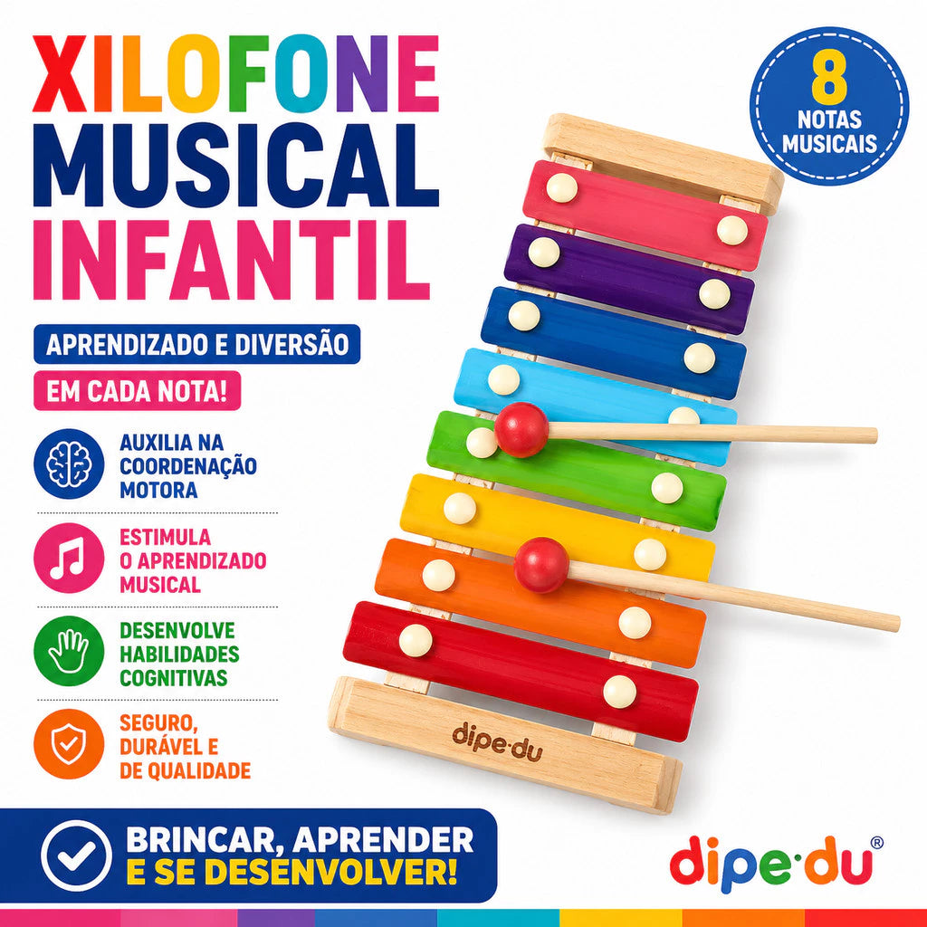 Xilofone Infantil Musical 8 Notas | Brinquedo Educativo com Baquetas
