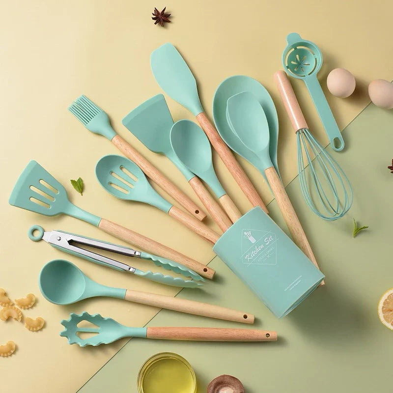 Kit Utensílios de Cozinha em Silicone e Cabo de Madeira