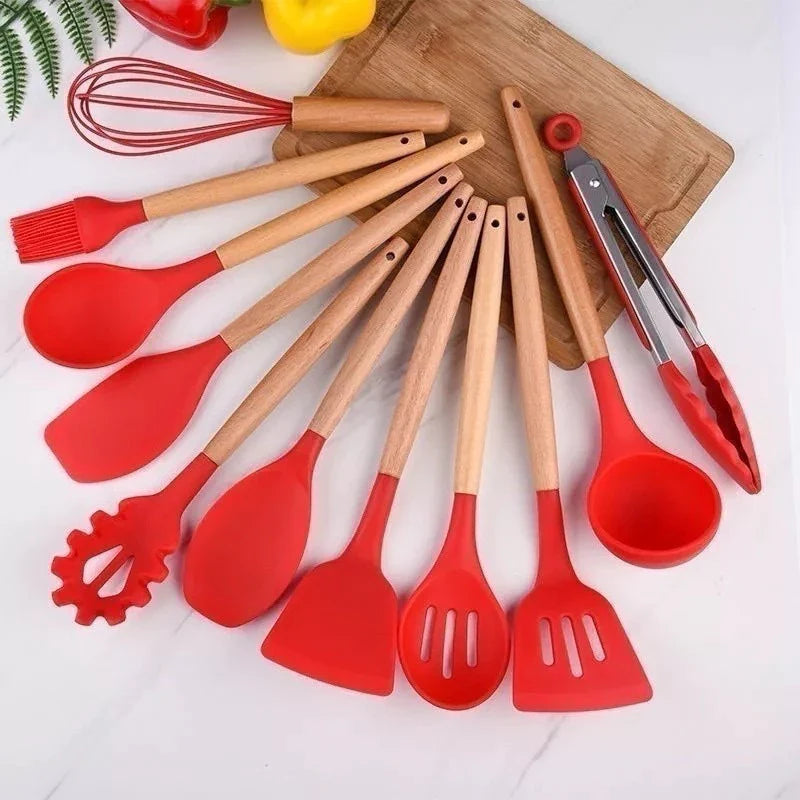 Kit Utensílios de Cozinha em Silicone e Cabo de Madeira