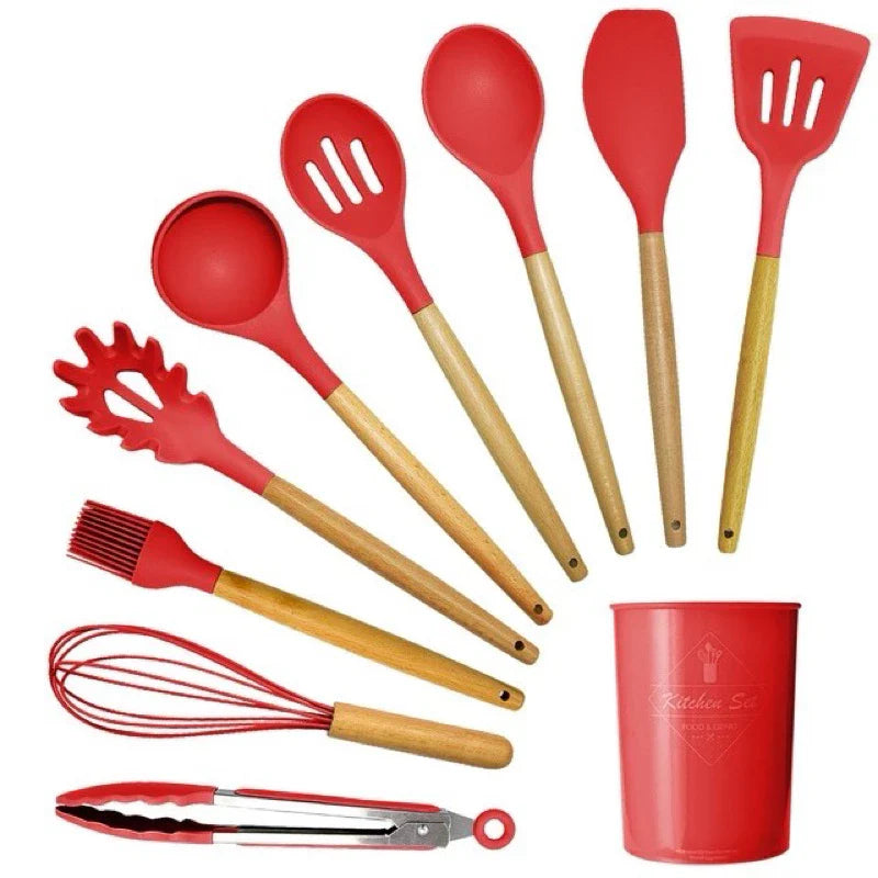 Kit Utensílios de Cozinha em Silicone e Cabo de Madeira