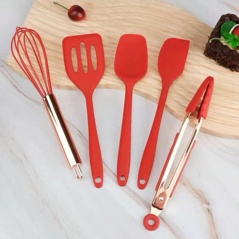 Kit Utensílios de Cozinha em Silicone e Cabo de Madeira