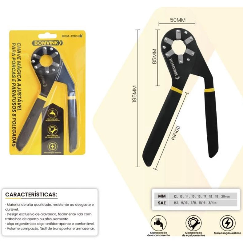 Chave Mágica TorqueGrip 8 Polegadas | Cabo Antiderrapante e Ajuste Rápido para Uso Profissional e Doméstico