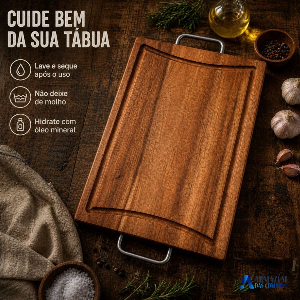 Tábua de Carne com Alça Inox e Canaleta